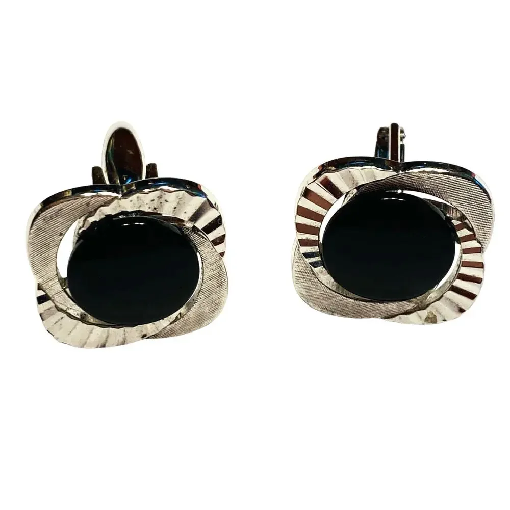 Vintage Cufflinks Textured Dimensional Silver & Polished Black Stones Speidel?